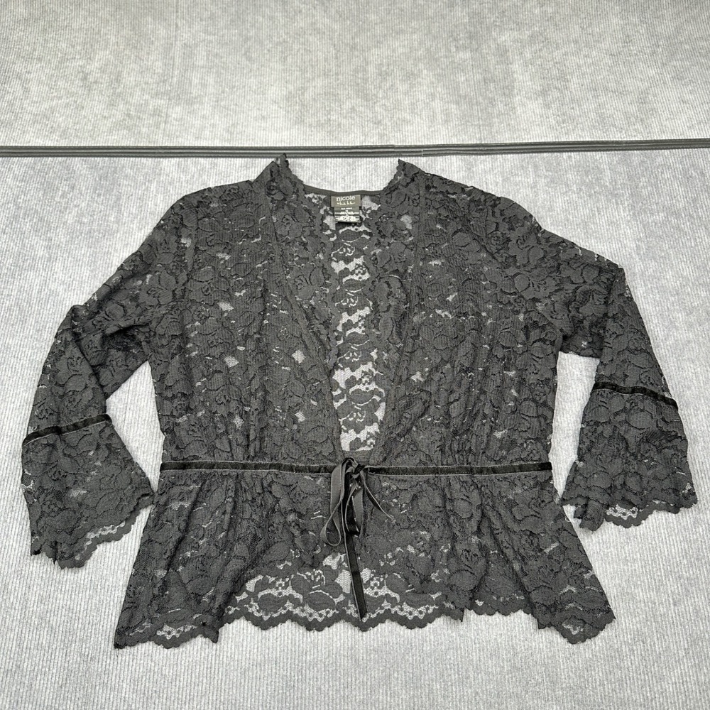 Nicole Miller Black Floral Lace Sheer Cardigan Front Tie Peplum Top Medium Y2K